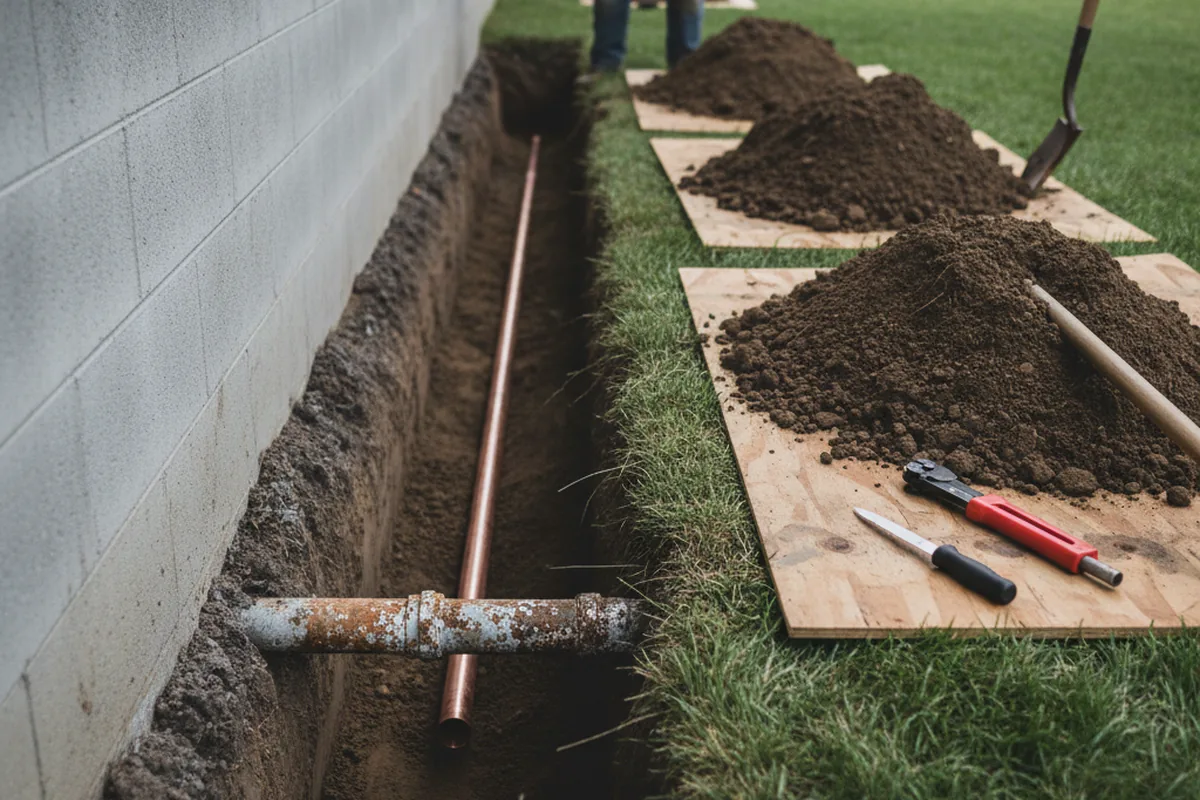 Excavated water line trench during Sewer Line Repair in Rockport